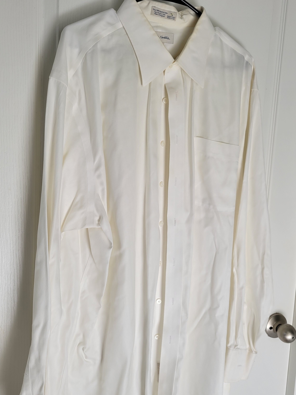 John W. Nordstrom Men's Dress Shirt 18.5 37 Cream Herringbone Egyptian Cotton